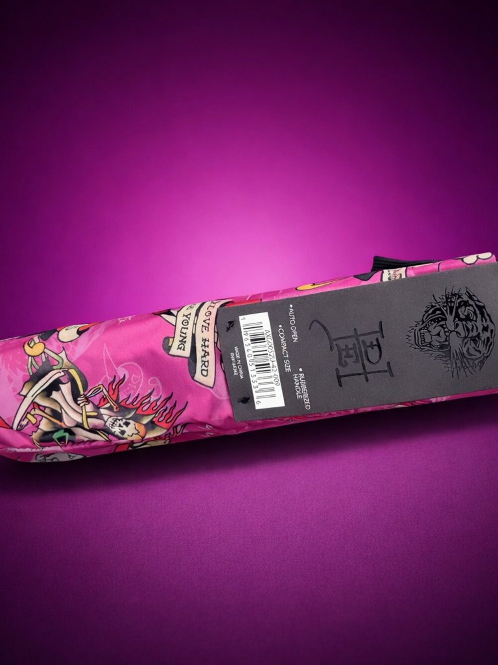 ED HARDY Pink Skull Tattoo Umbrella Y2K Hearts Love Kills Graphic Rare - Picture 5 of 13